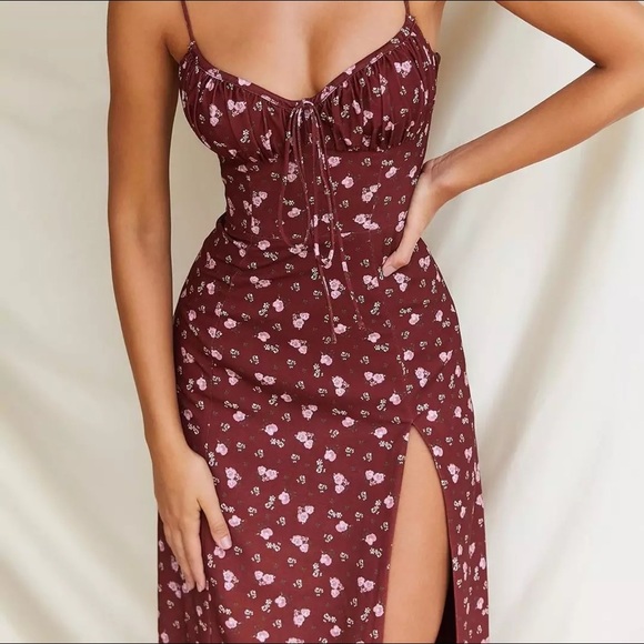 Red wine floral slit summer beach dress - Picture 5 of 15